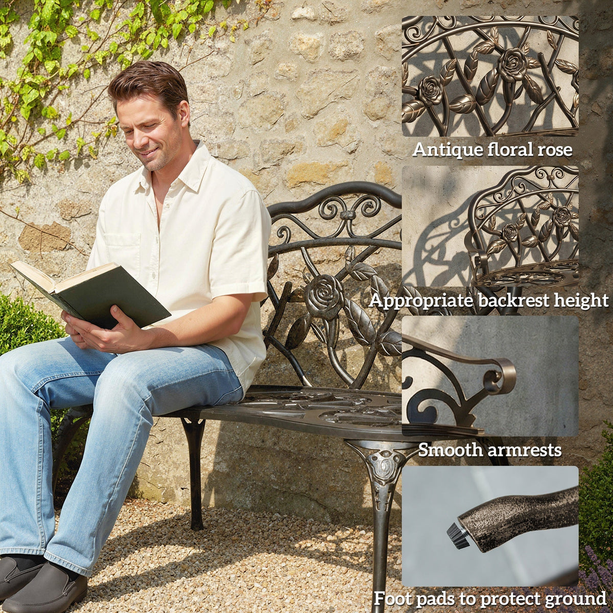 Outsunny Cast Aluminium Garden Bench - Bronze Tone