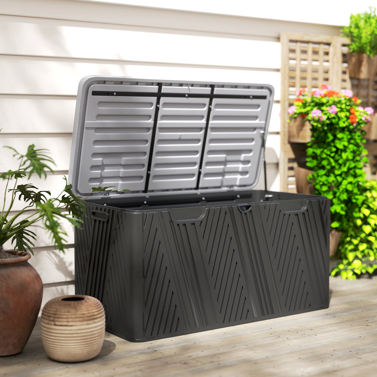 380L Waterproof Plastic Outdoor Storage Box, Lockable Garden Storage Box, Black