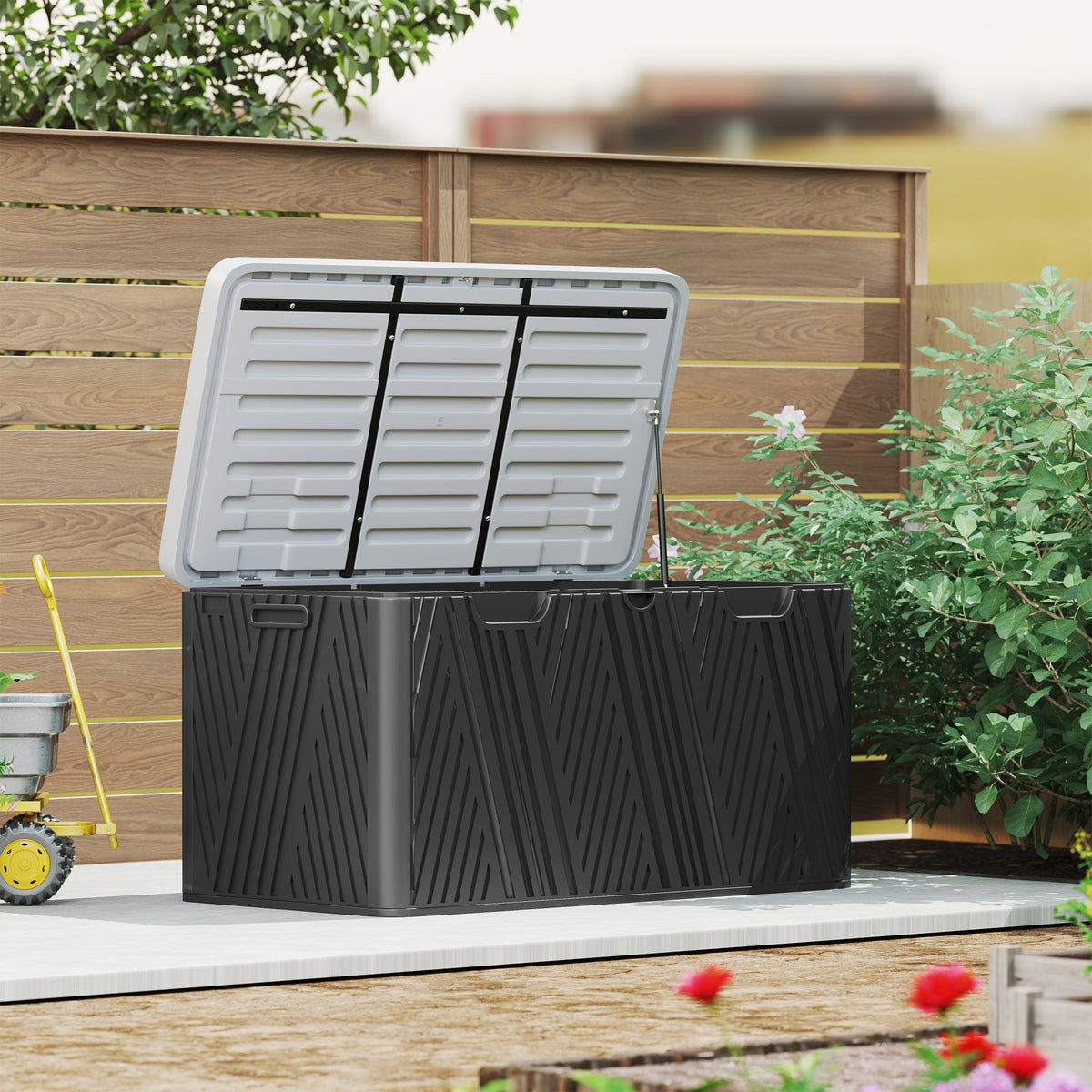 380L Waterproof Plastic Outdoor Storage Box, Lockable Garden Storage Box, Black