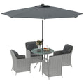 4 Seater Rattan Dining Set w/ Parasol, Seat & Back Cushions, Round Glass Tabletop, Light Grey