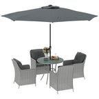 4 Seater Rattan Dining Set w/ Parasol, Seat & Back Cushions, Round Glass Tabletop, Light Grey