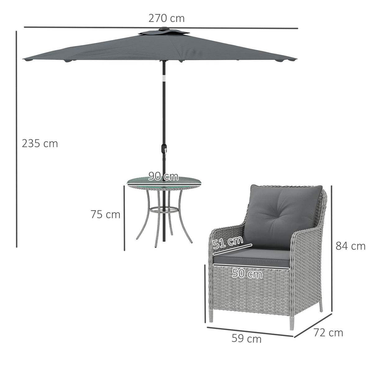 4 Seater Rattan Dining Set w/ Parasol, Seat & Back Cushions, Round Glass Tabletop, Light Grey