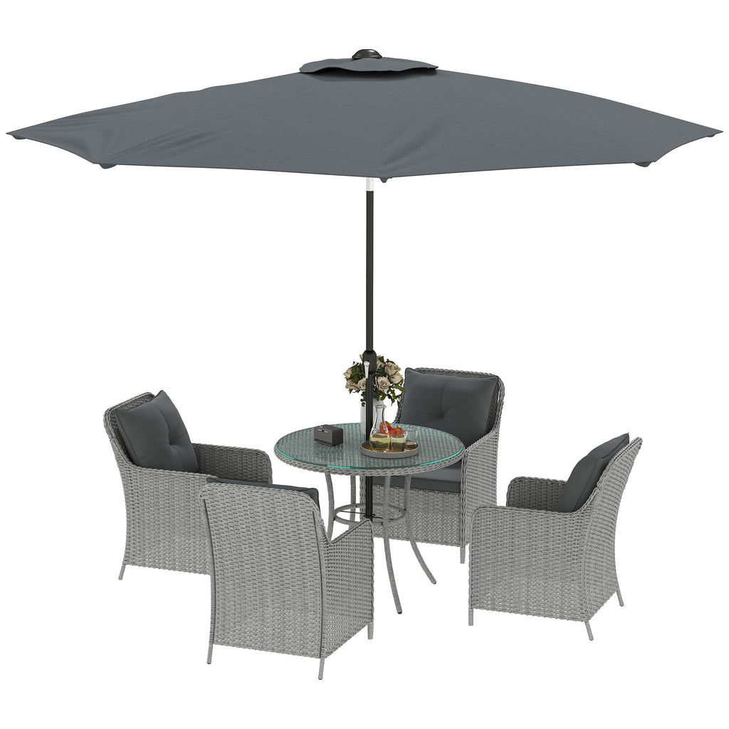 4 Seater Rattan Dining Set w/ Parasol, Seat & Back Cushions, Round Glass Tabletop, Light Grey