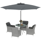4 Seater Rattan Dining Set w/ Parasol, Seat & Back Cushions, Round Glass Tabletop, Light Grey