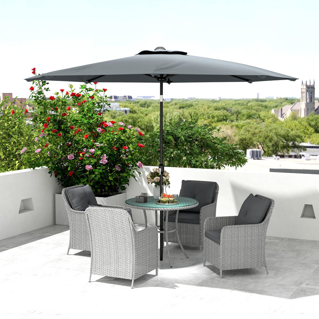 4 Seater Rattan Dining Set w/ Parasol, Seat & Back Cushions, Round Glass Tabletop, Light Grey