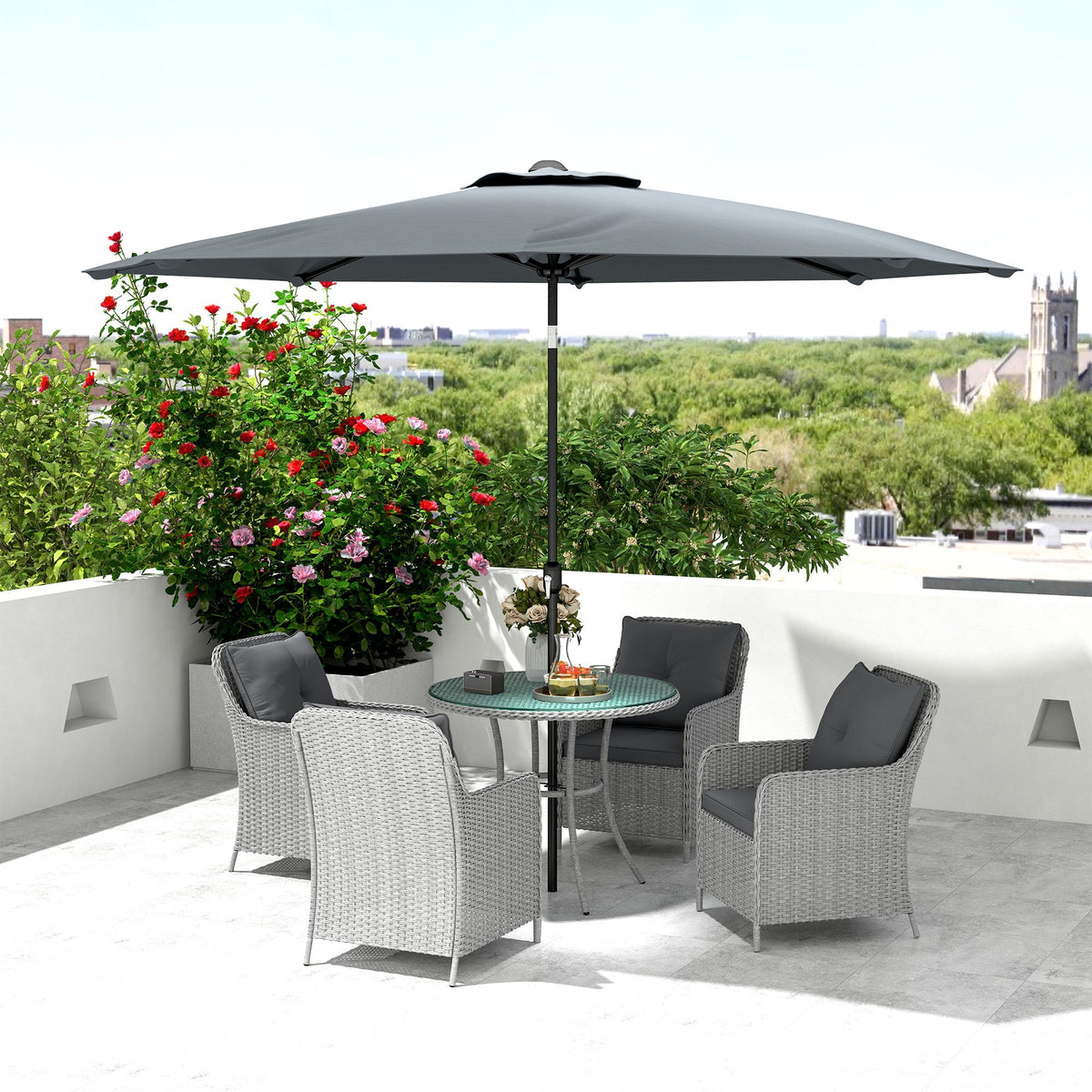 4 Seater Rattan Dining Set w/ Parasol, Seat & Back Cushions, Round Glass Tabletop, Light Grey
