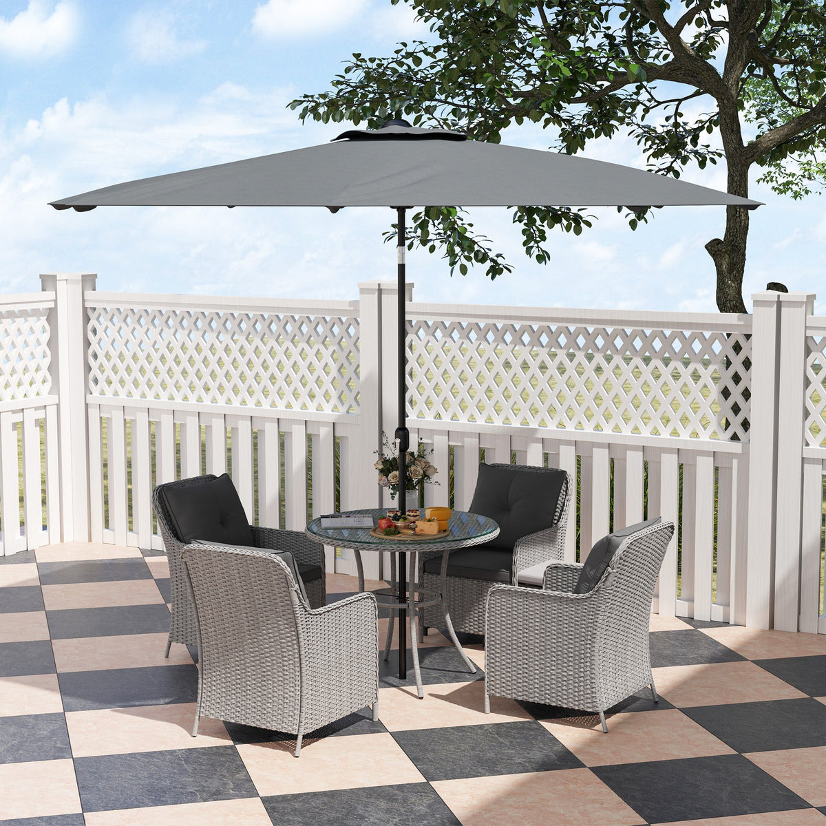 4 Seater Rattan Dining Set w/ Parasol, Seat & Back Cushions, Round Glass Tabletop, Light Grey