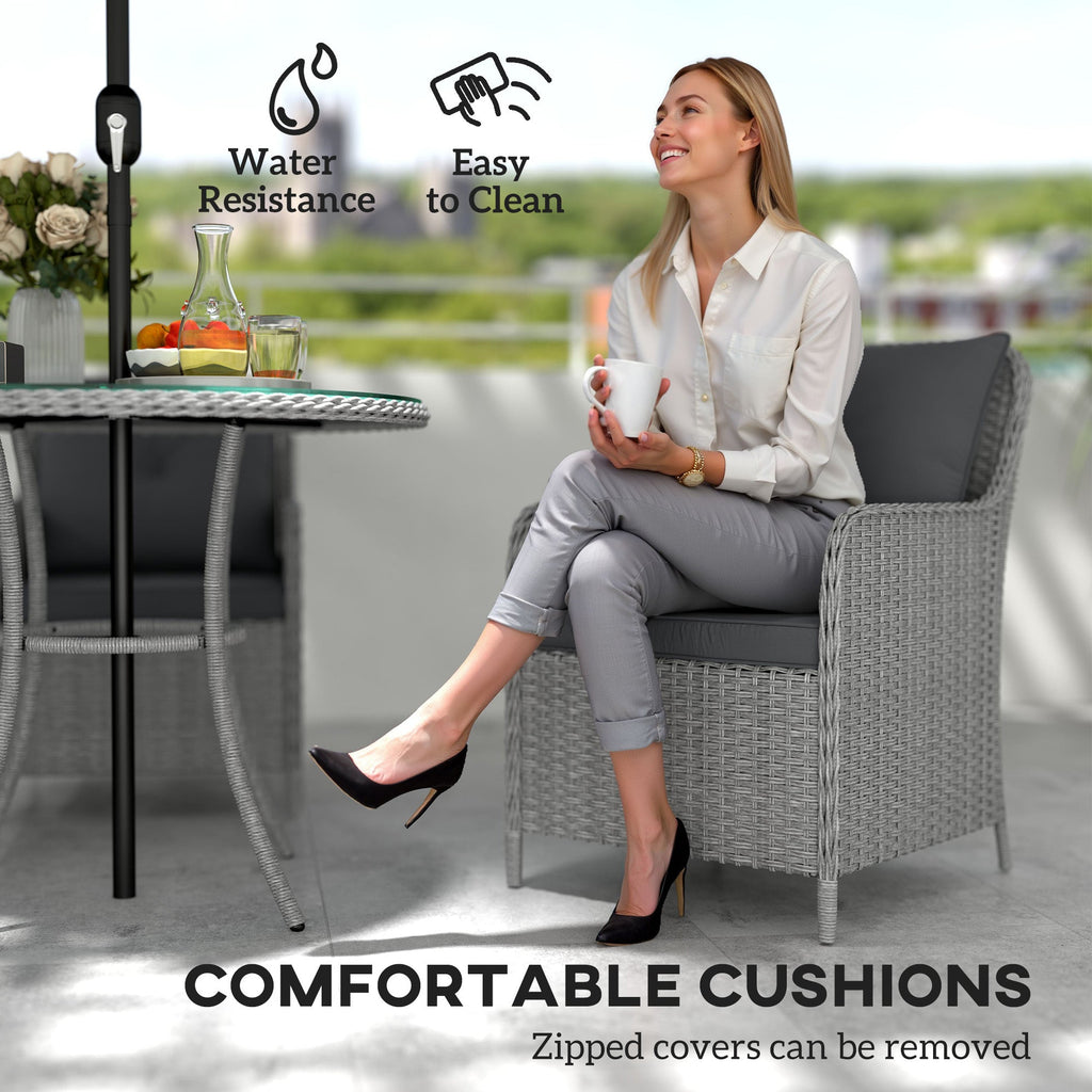 4 Seater Rattan Dining Set w/ Parasol, Seat & Back Cushions, Round Glass Tabletop, Light Grey