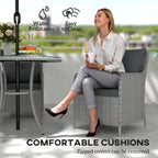4 Seater Rattan Dining Set w/ Parasol, Seat & Back Cushions, Round Glass Tabletop, Light Grey
