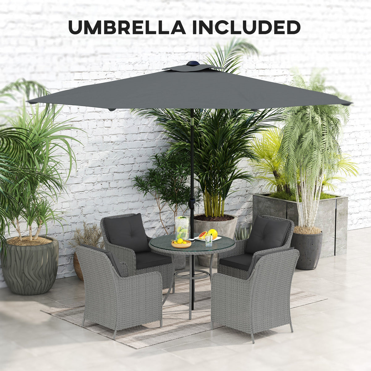 4 Seater Rattan Dining Set w/ Parasol, Seat & Back Cushions, Round Glass Tabletop, Light Grey