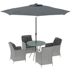 4 Seater Rattan Dining Set w/ Parasol, Seat & Back Cushions, Round Glass Tabletop, Light Grey