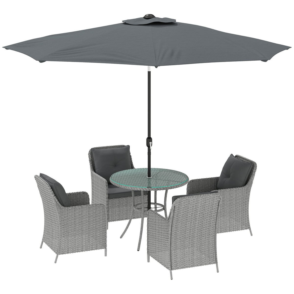 4 Seater Rattan Dining Set w/ Parasol, Seat & Back Cushions, Round Glass Tabletop, Light Grey