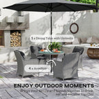 4 Seater Rattan Dining Set w/ Parasol, Seat & Back Cushions, Round Glass Tabletop, Light Grey