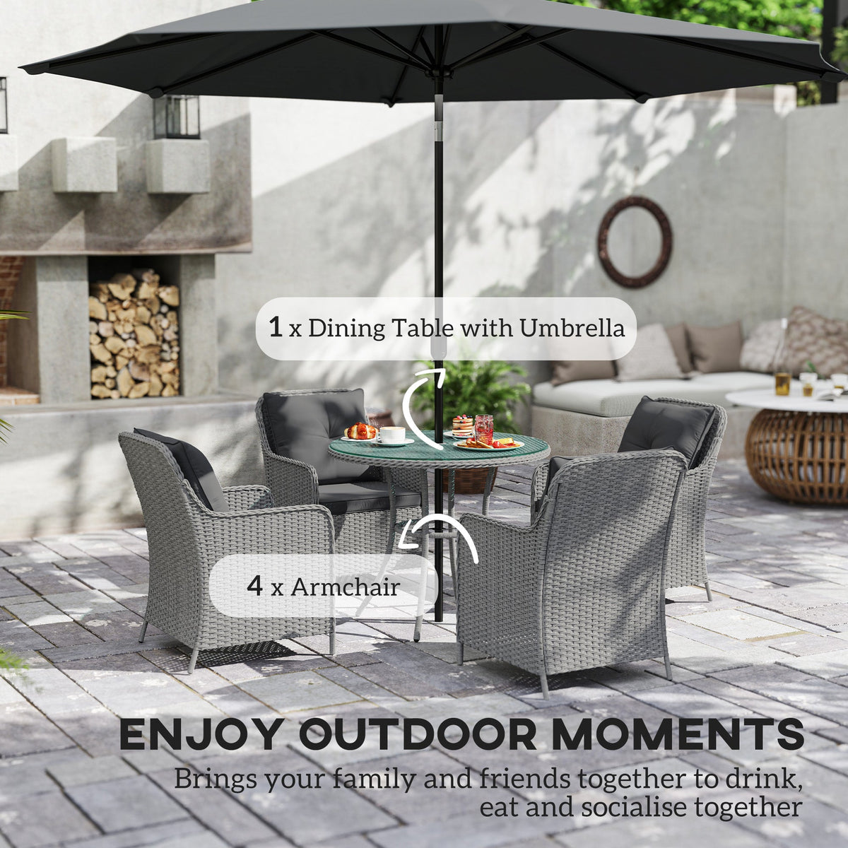 4 Seater Rattan Dining Set w/ Parasol, Seat & Back Cushions, Round Glass Tabletop, Light Grey