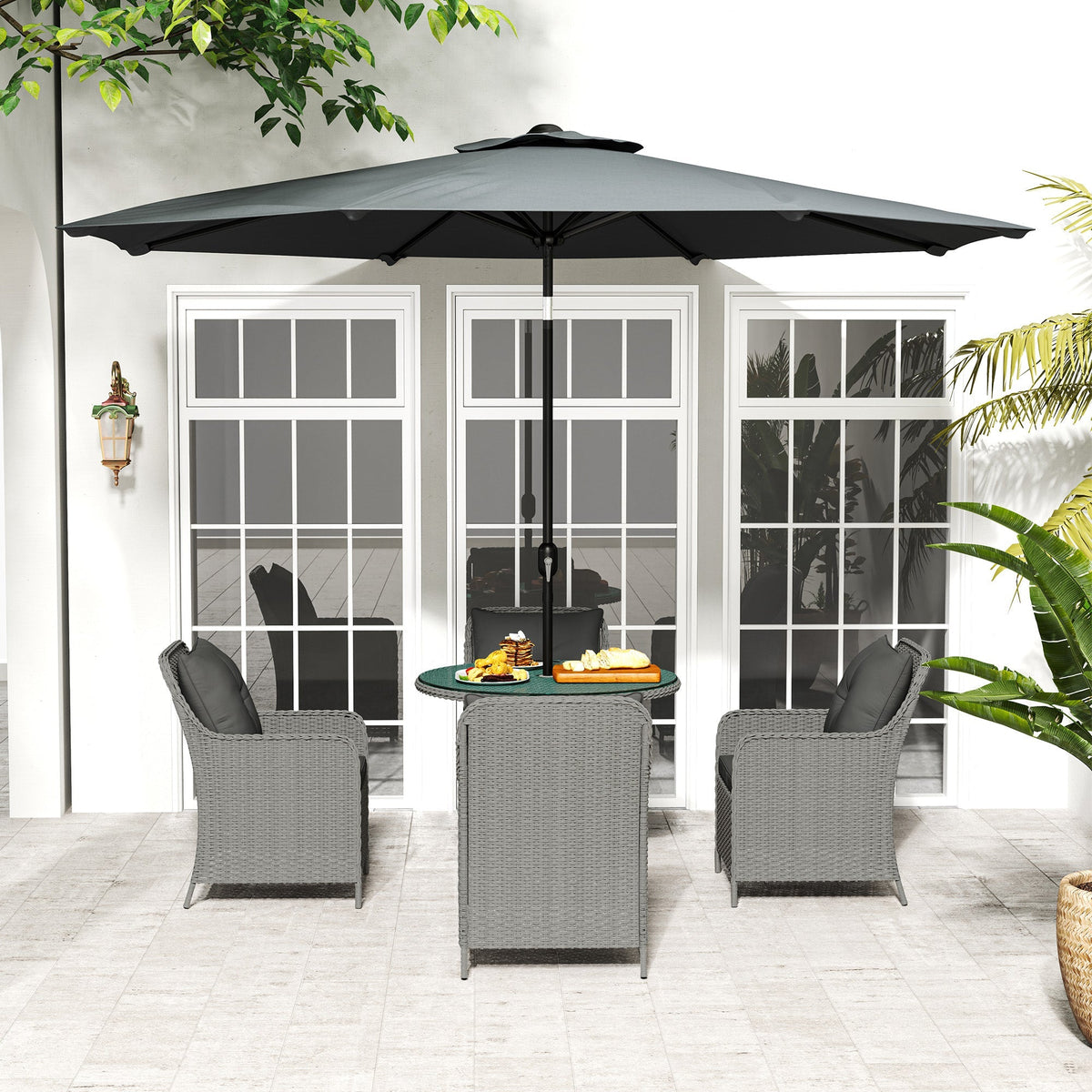 4 Seater Rattan Dining Set w/ Parasol, Seat & Back Cushions, Round Glass Tabletop, Light Grey