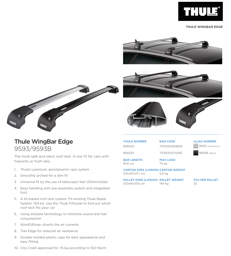 Thule WingBar Edge 9593B Aerodynamic Aluminium Roof Bars Pair 92cm - Black