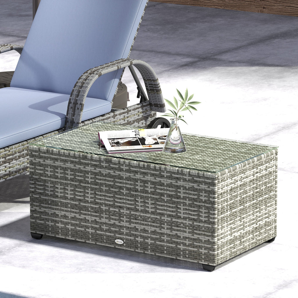 PE Rattan Side Table with Tempered Glass Top & Steel Frame, 90 x 50 x 38cm, Light Grey