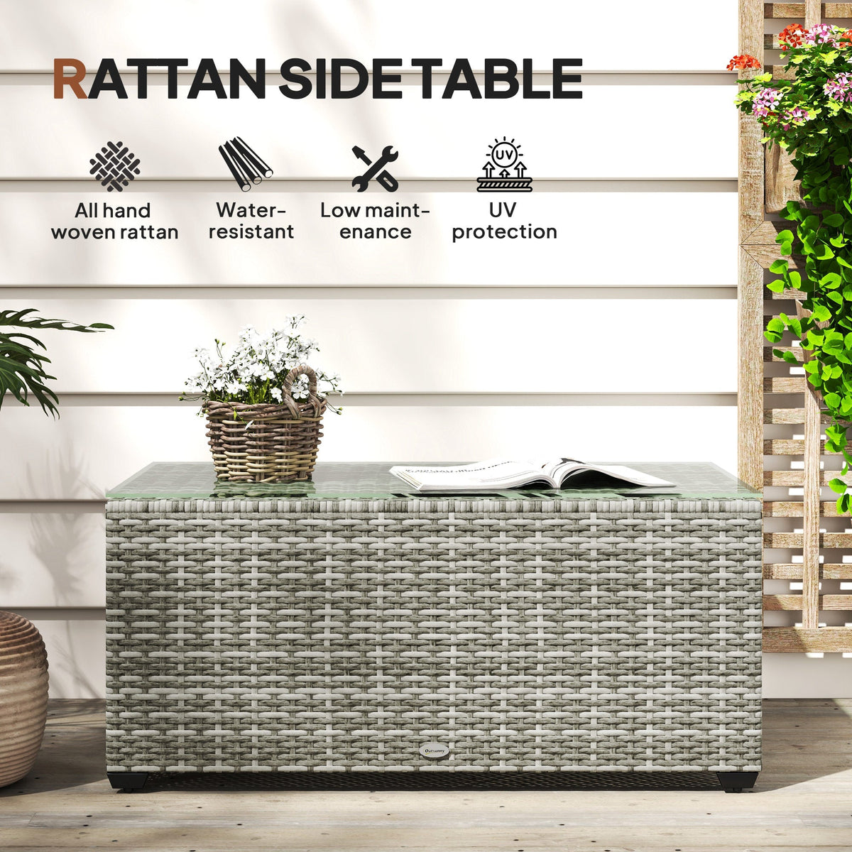 PE Rattan Side Table with Tempered Glass Top & Steel Frame, 90 x 50 x 38cm, Light Grey