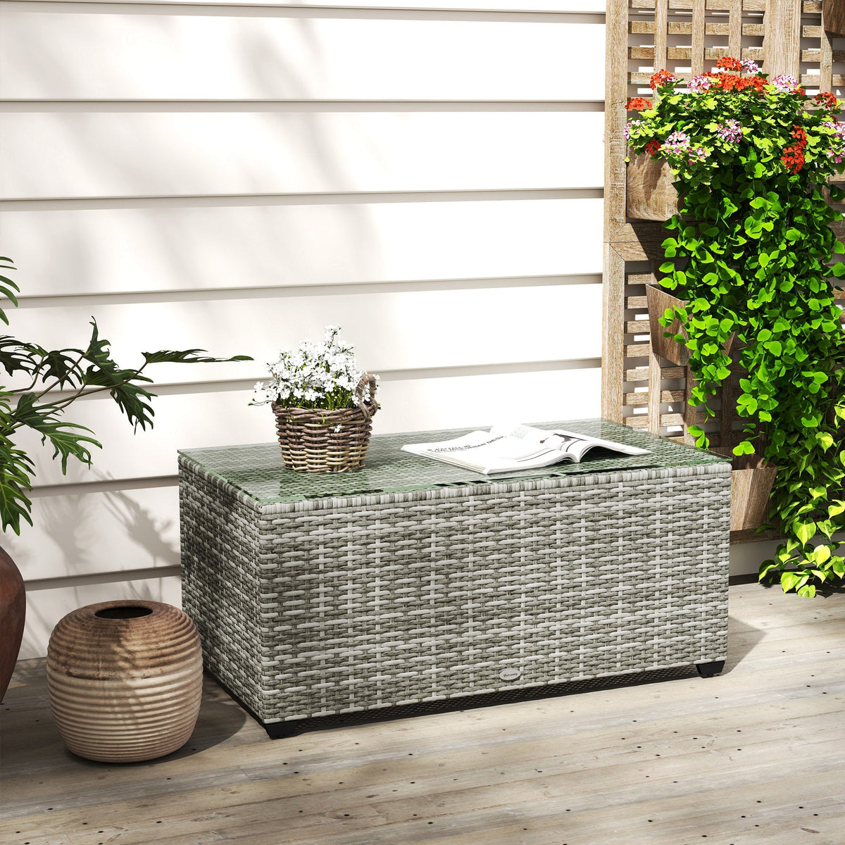 PE Rattan Side Table with Tempered Glass Top & Steel Frame, 90 x 50 x 38cm, Light Grey