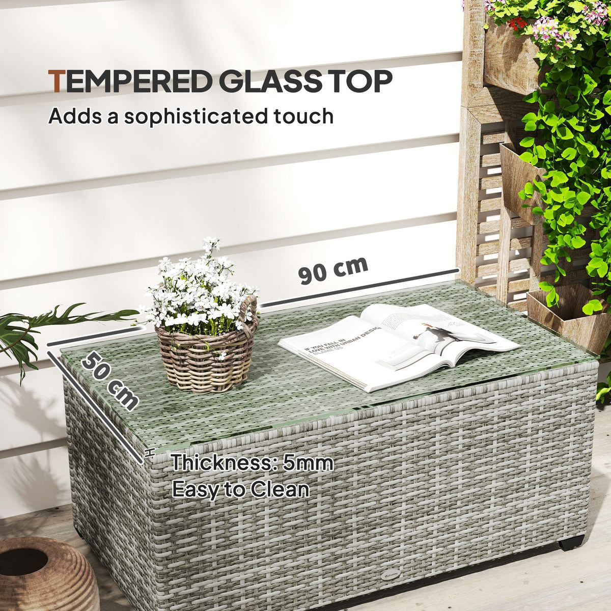 PE Rattan Side Table with Tempered Glass Top & Steel Frame, 90 x 50 x 38cm, Light Grey