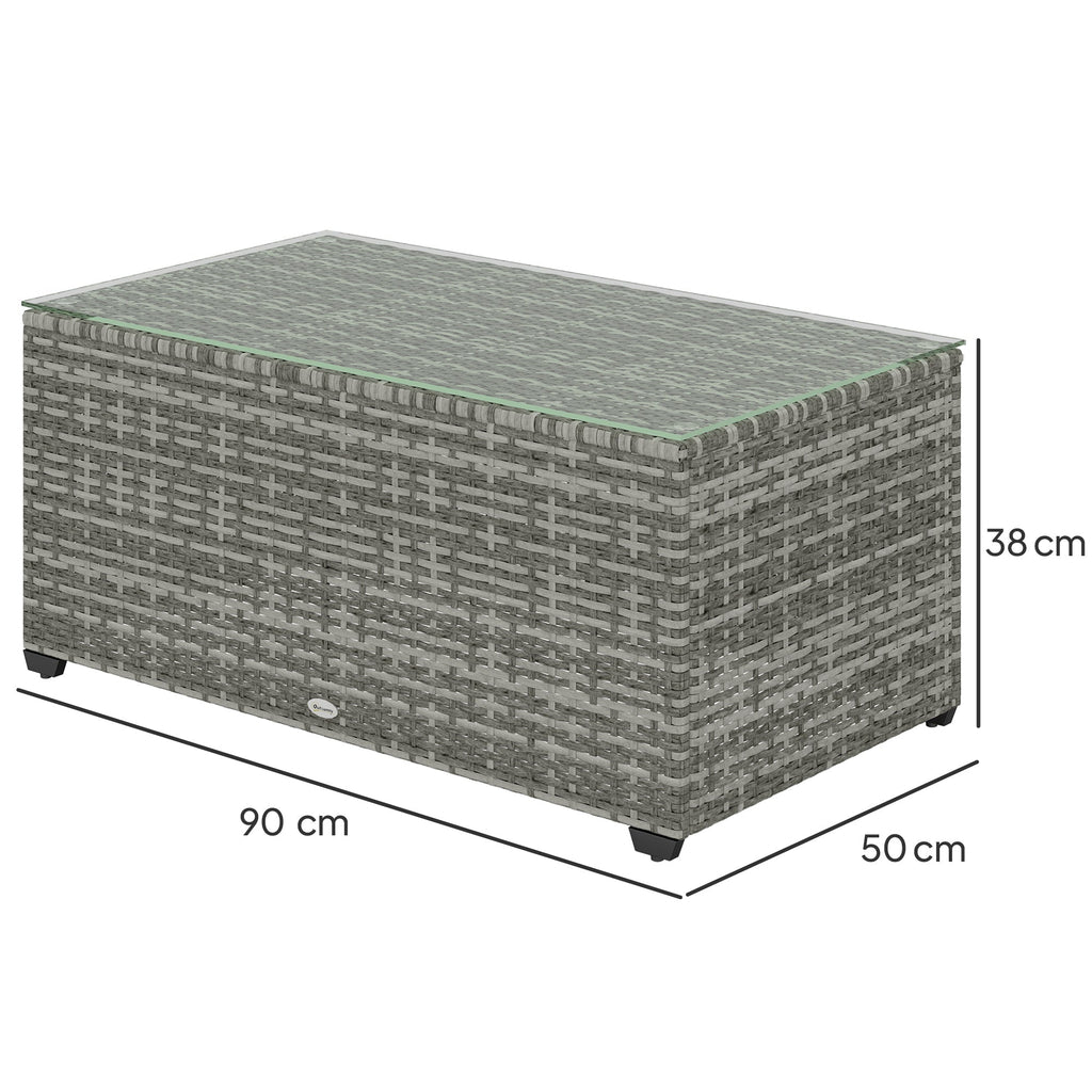 PE Rattan Side Table with Tempered Glass Top & Steel Frame, 90 x 50 x 38cm, Light Grey