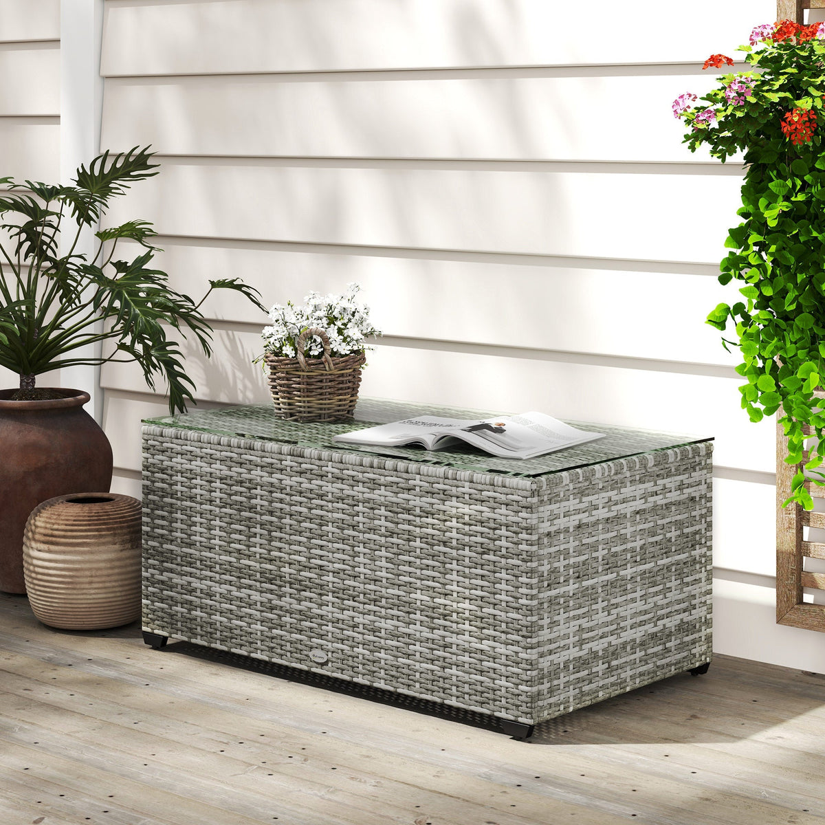 PE Rattan Side Table with Tempered Glass Top & Steel Frame, 90 x 50 x 38cm, Light Grey