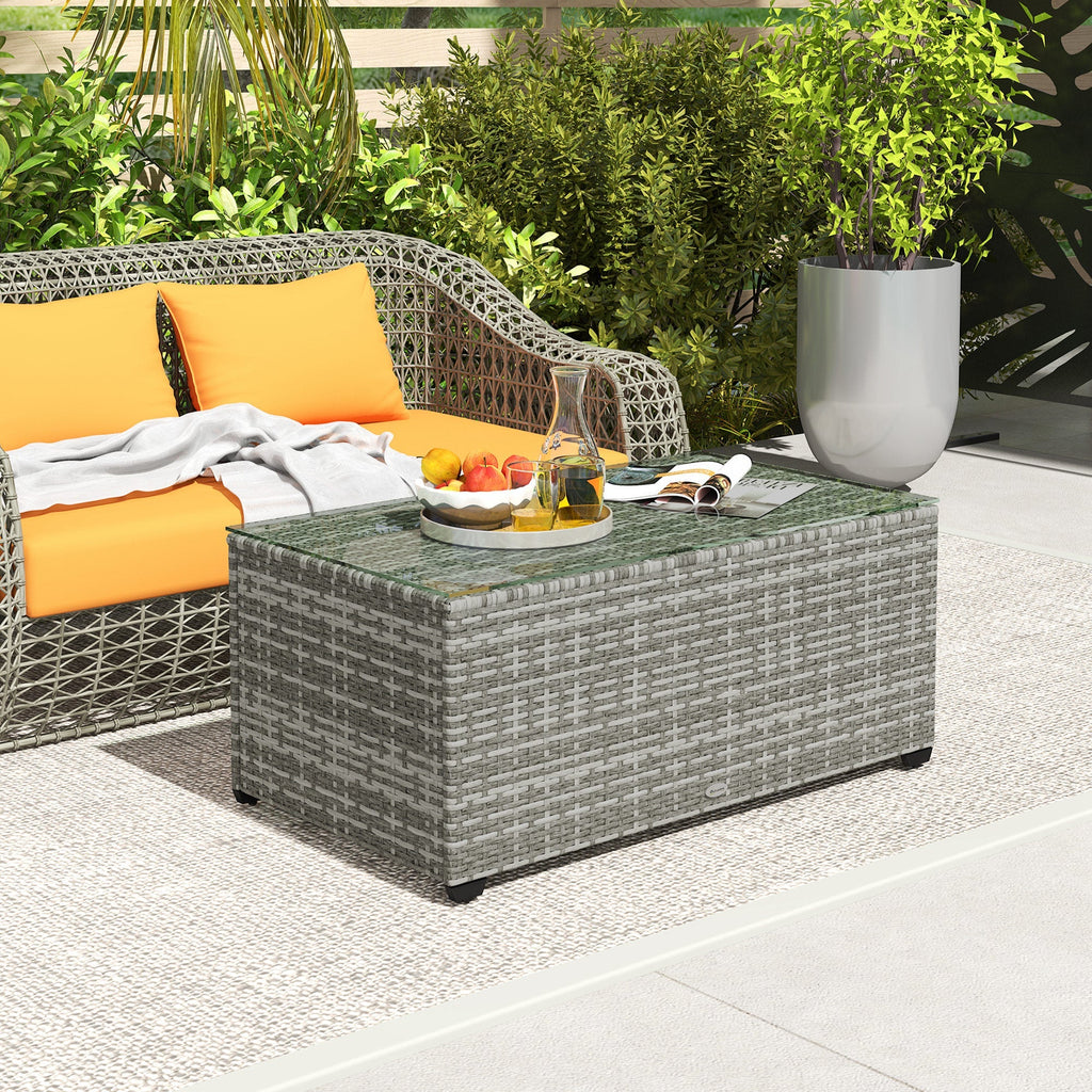 PE Rattan Side Table with Tempered Glass Top & Steel Frame, 90 x 50 x 38cm, Light Grey