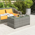PE Rattan Side Table with Tempered Glass Top & Steel Frame, 90 x 50 x 38cm, Light Grey