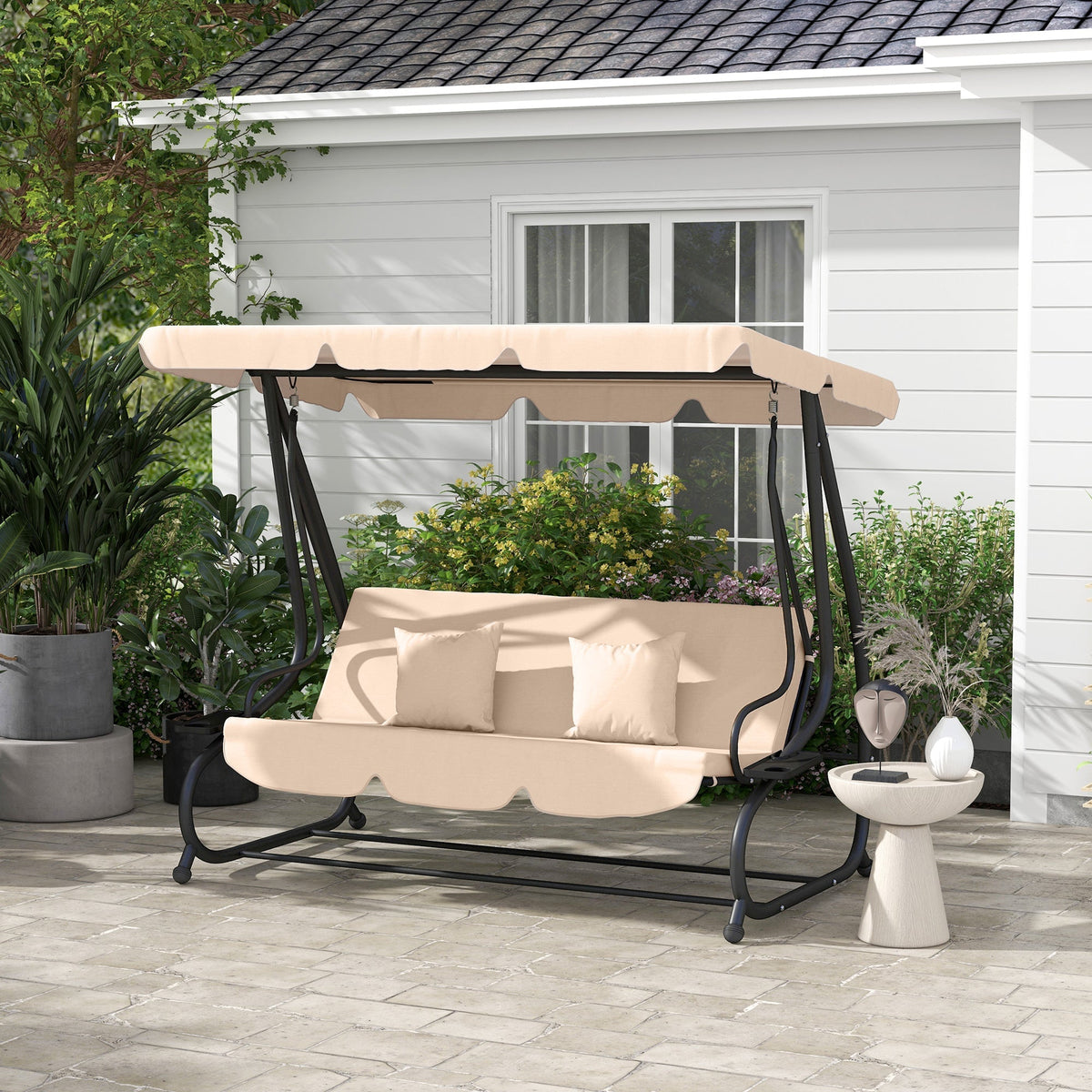 Free Standing Swing Bench with Adjustable Canopy, Cushions, and Pillows, Ecru