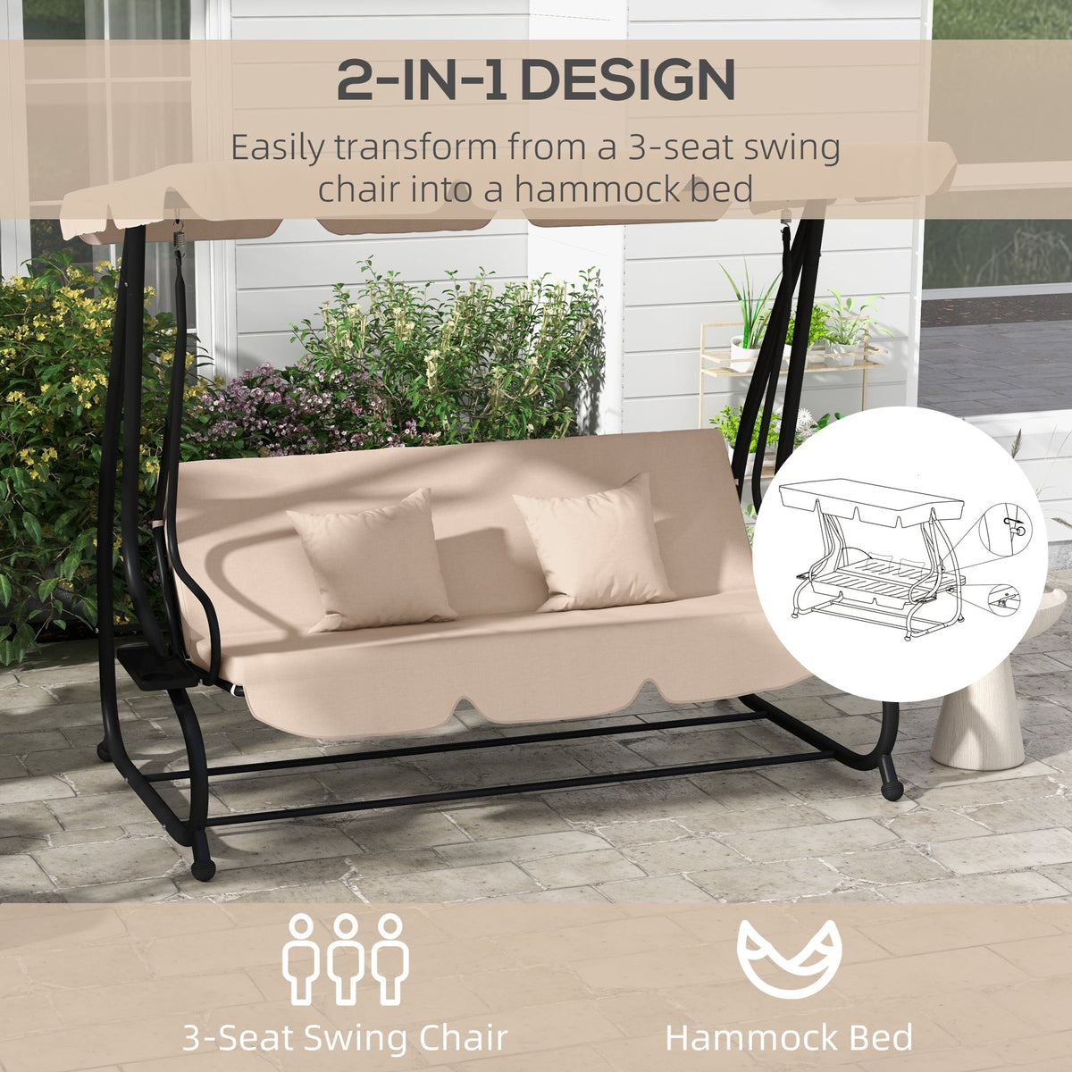 Free Standing Swing Bench with Adjustable Canopy, Cushions, and Pillows, Ecru