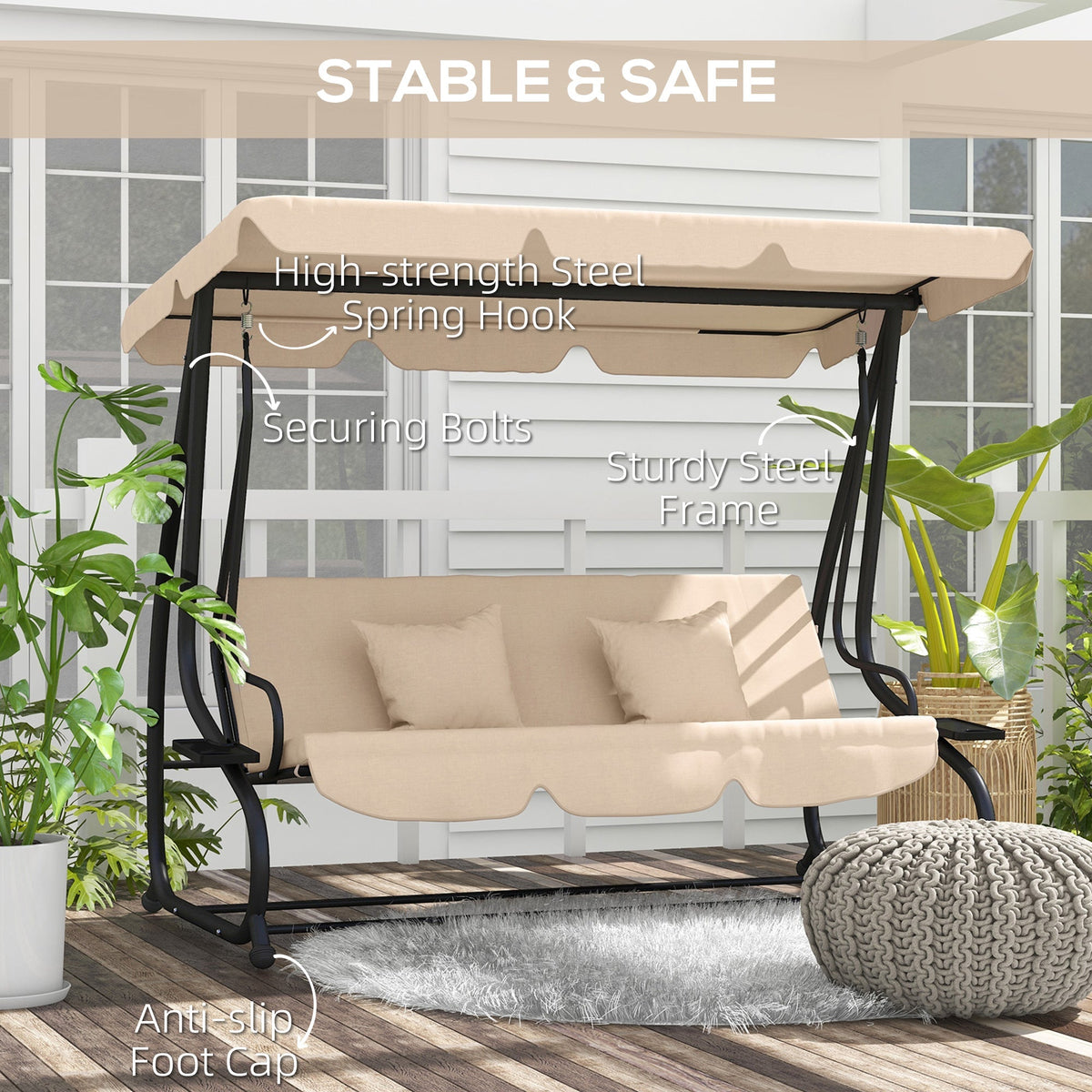 Free Standing Swing Bench with Adjustable Canopy, Cushions, and Pillows, Ecru