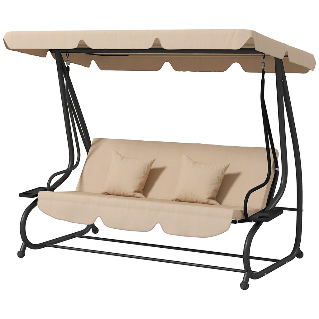 Free Standing Swing Bench with Adjustable Canopy, Cushions, and Pillows, Ecru
