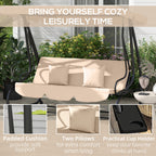 Free Standing Swing Bench with Adjustable Canopy, Cushions, and Pillows, Ecru