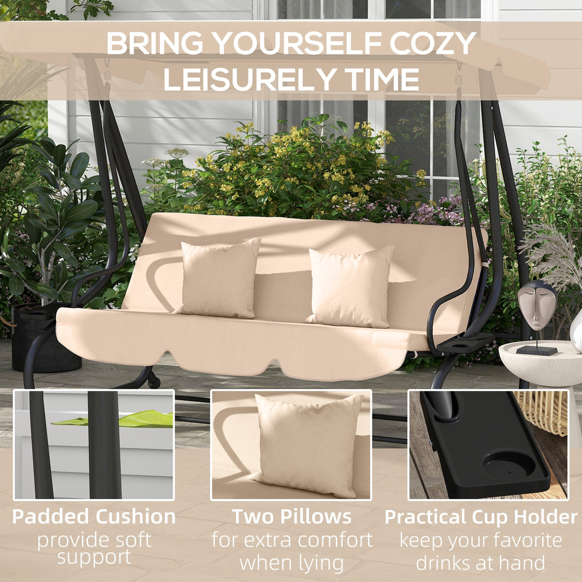 Free Standing Swing Bench with Adjustable Canopy, Cushions, and Pillows, Ecru