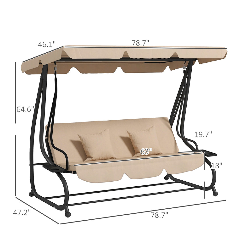 Free Standing Swing Bench with Adjustable Canopy, Cushions, and Pillows, Ecru