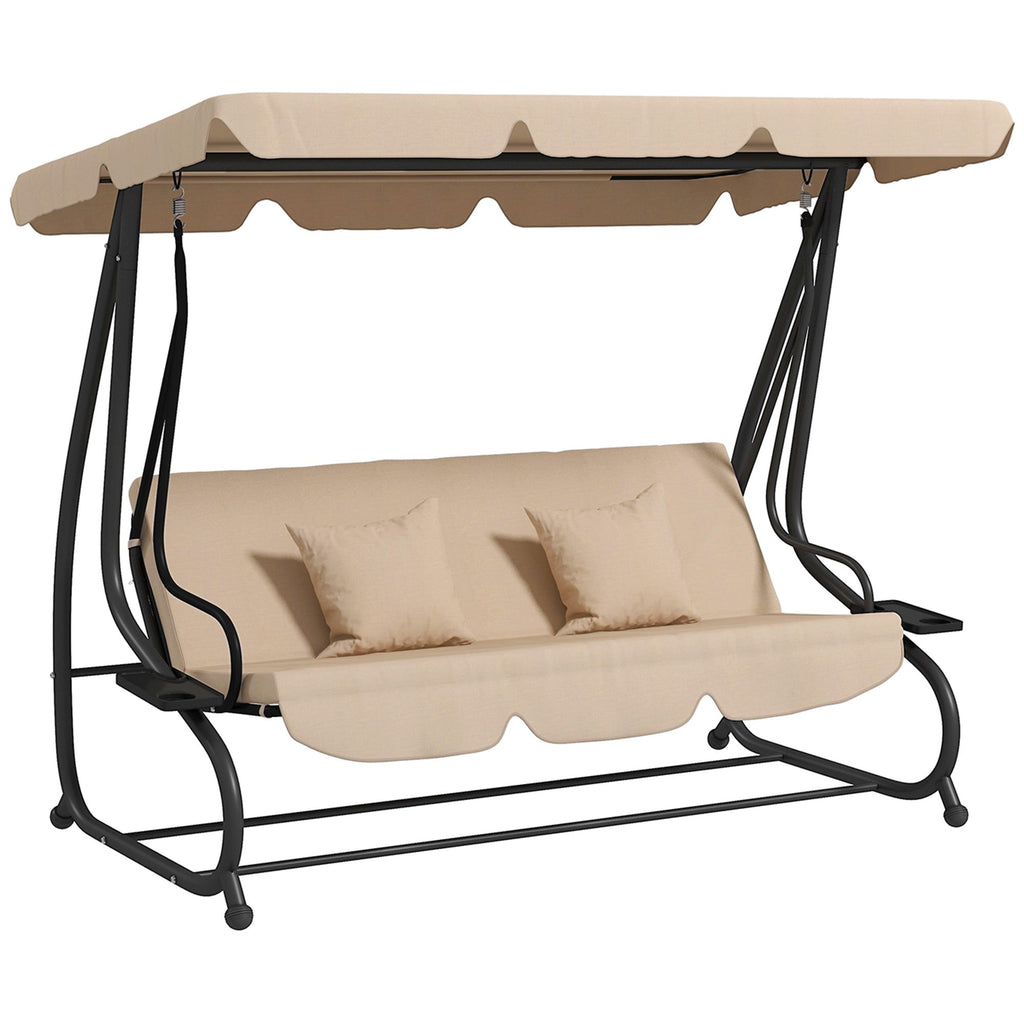 Free Standing Swing Bench with Adjustable Canopy, Cushions, and Pillows, Ecru
