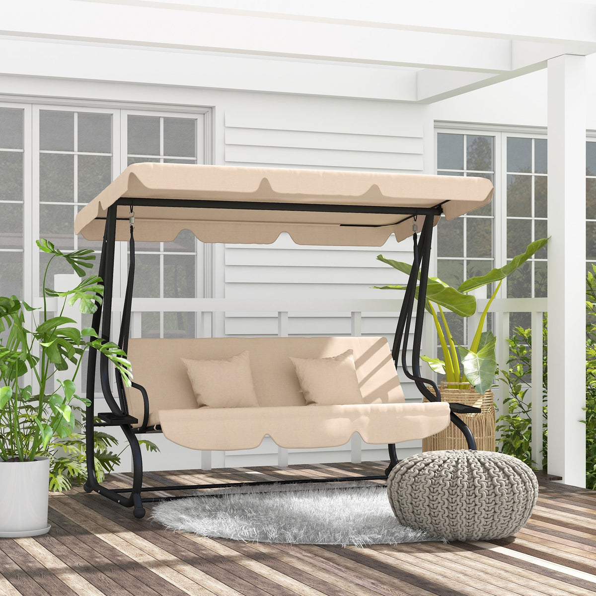 Free Standing Swing Bench with Adjustable Canopy, Cushions, and Pillows, Ecru