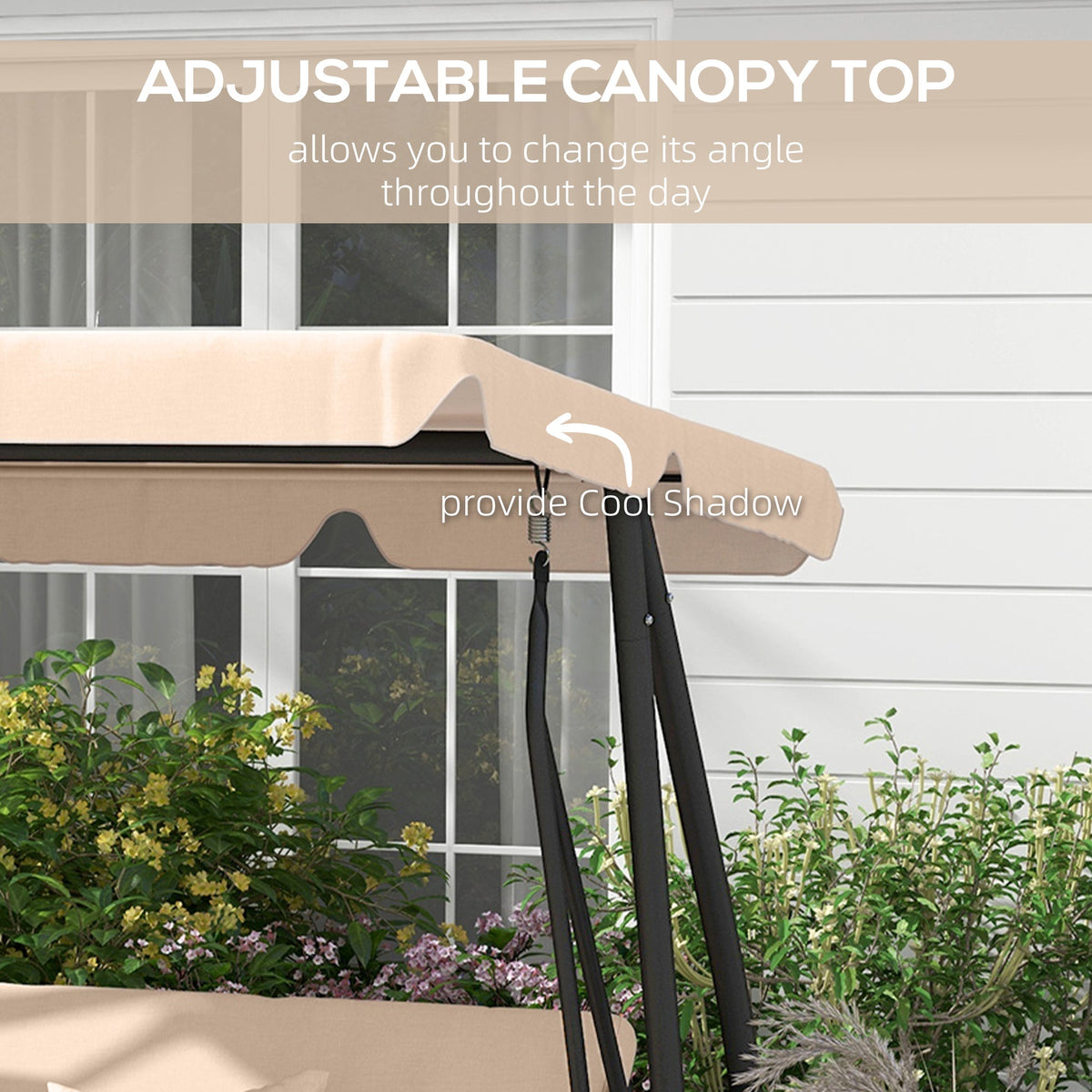 Free Standing Swing Bench with Adjustable Canopy, Cushions, and Pillows, Ecru