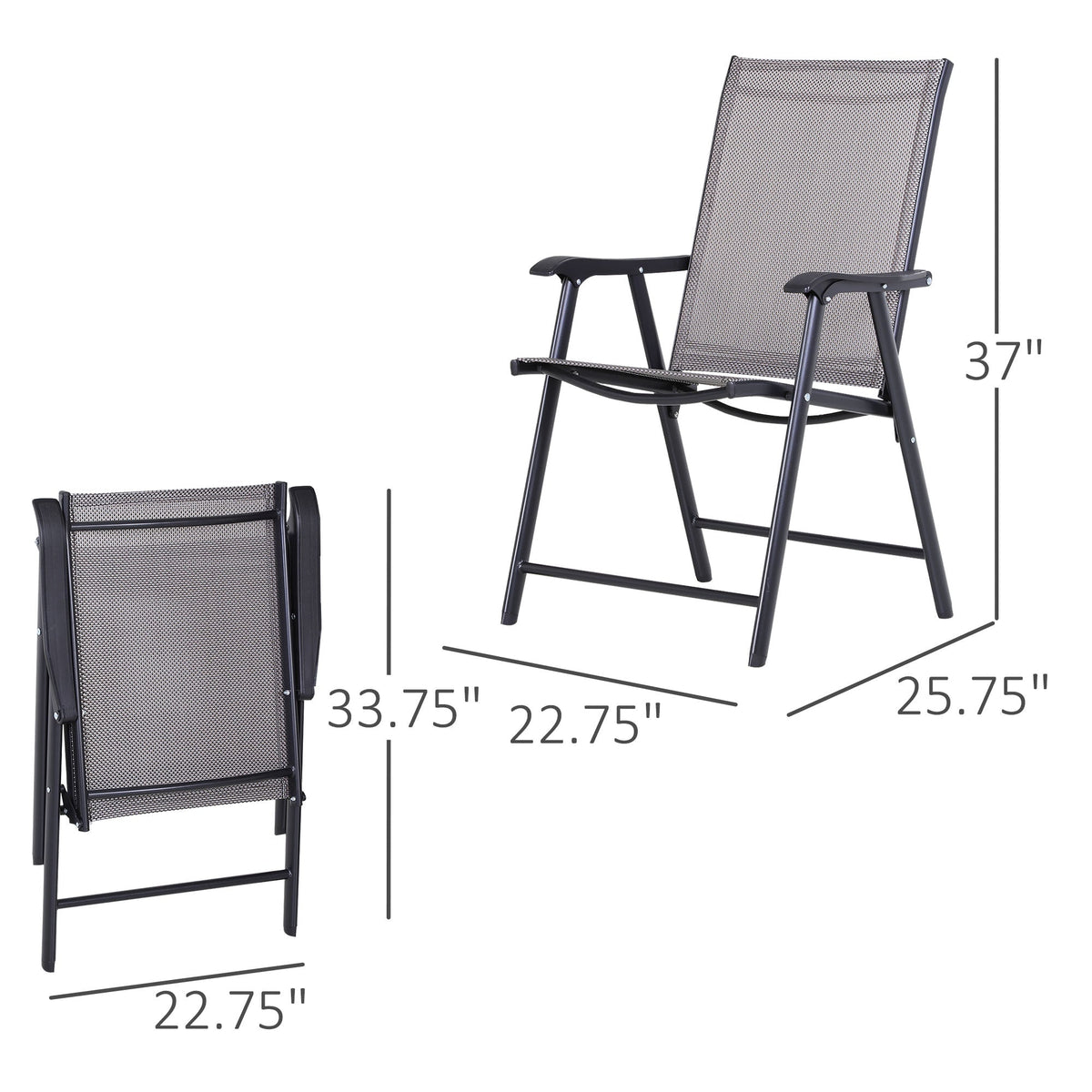 Set of 2 Stackable Outdoor Folding Chairs with Armrests, Metal Frame, Gray