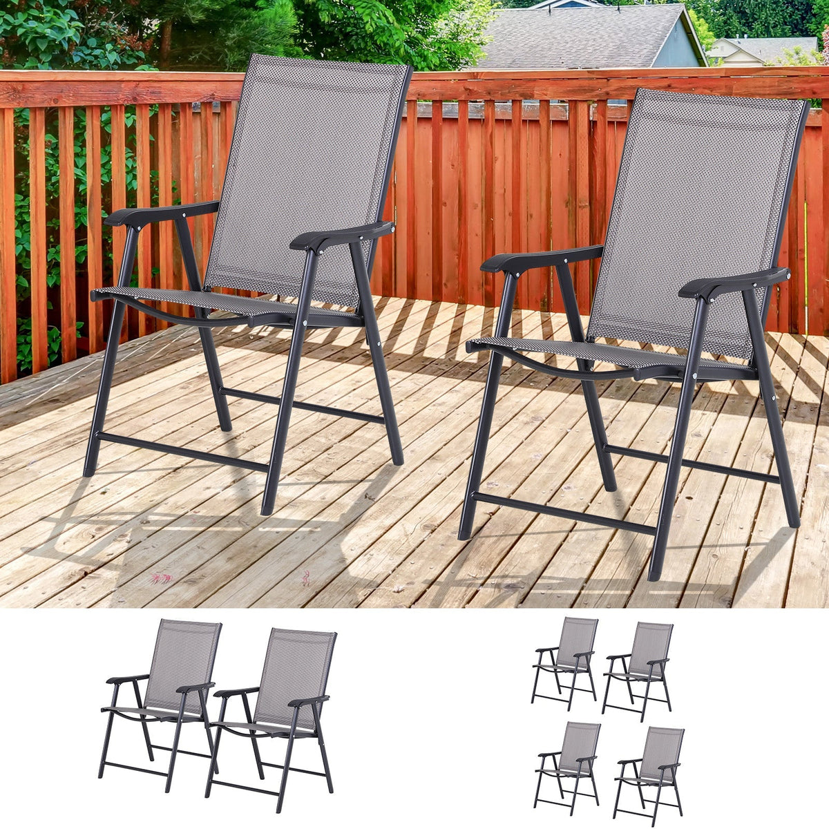 Set of 2 Stackable Outdoor Folding Chairs with Armrests, Metal Frame, Gray