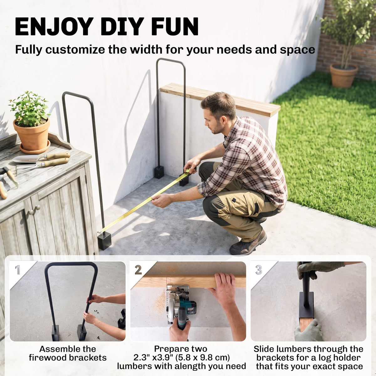 Heavy-Duty Steel DIY Firewood Rack with Customizable Width for Indoor & Outdoor Log Storage, Black