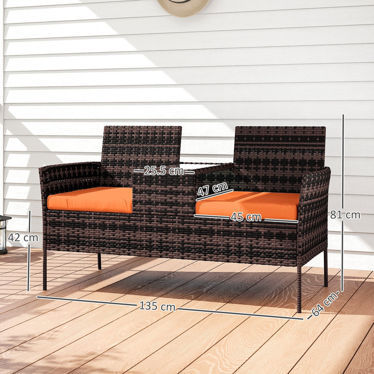 Outsunny Two-Seat Rattan Chair, with Middle Table - Orange