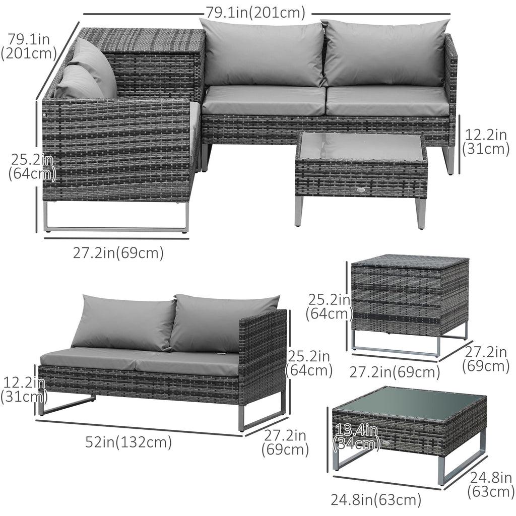 4-Piece Rattan Sofa Set with Corner Section and Glass Coffee Table, Mixed Grey