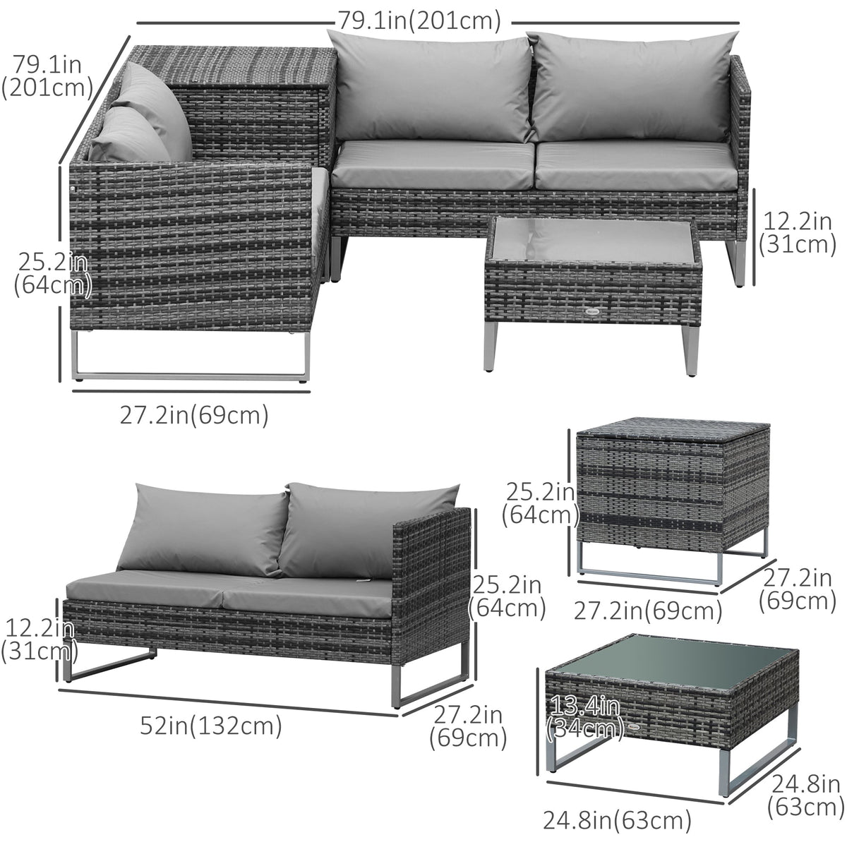 4-Piece Rattan Sofa Set with Corner Section and Glass Coffee Table, Mixed Grey