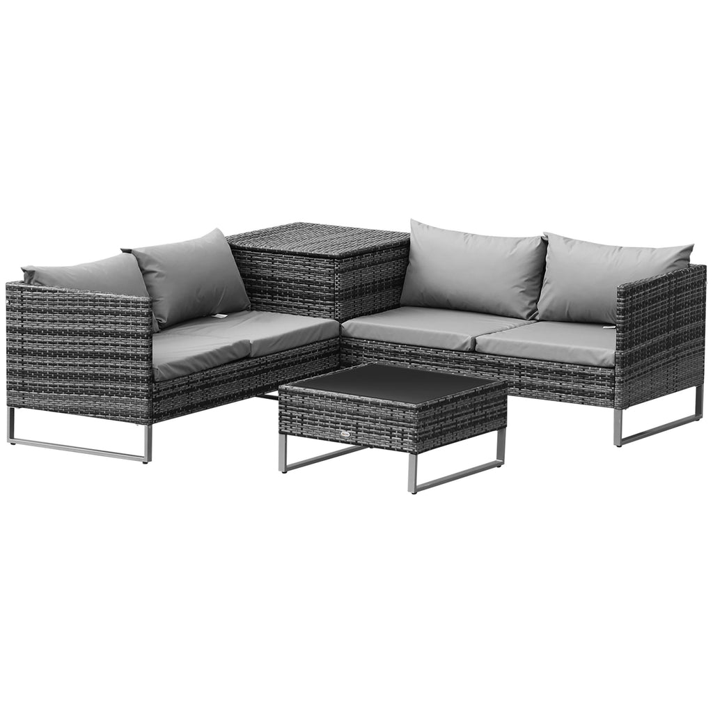 4-Piece Rattan Sofa Set with Corner Section and Glass Coffee Table, Mixed Grey