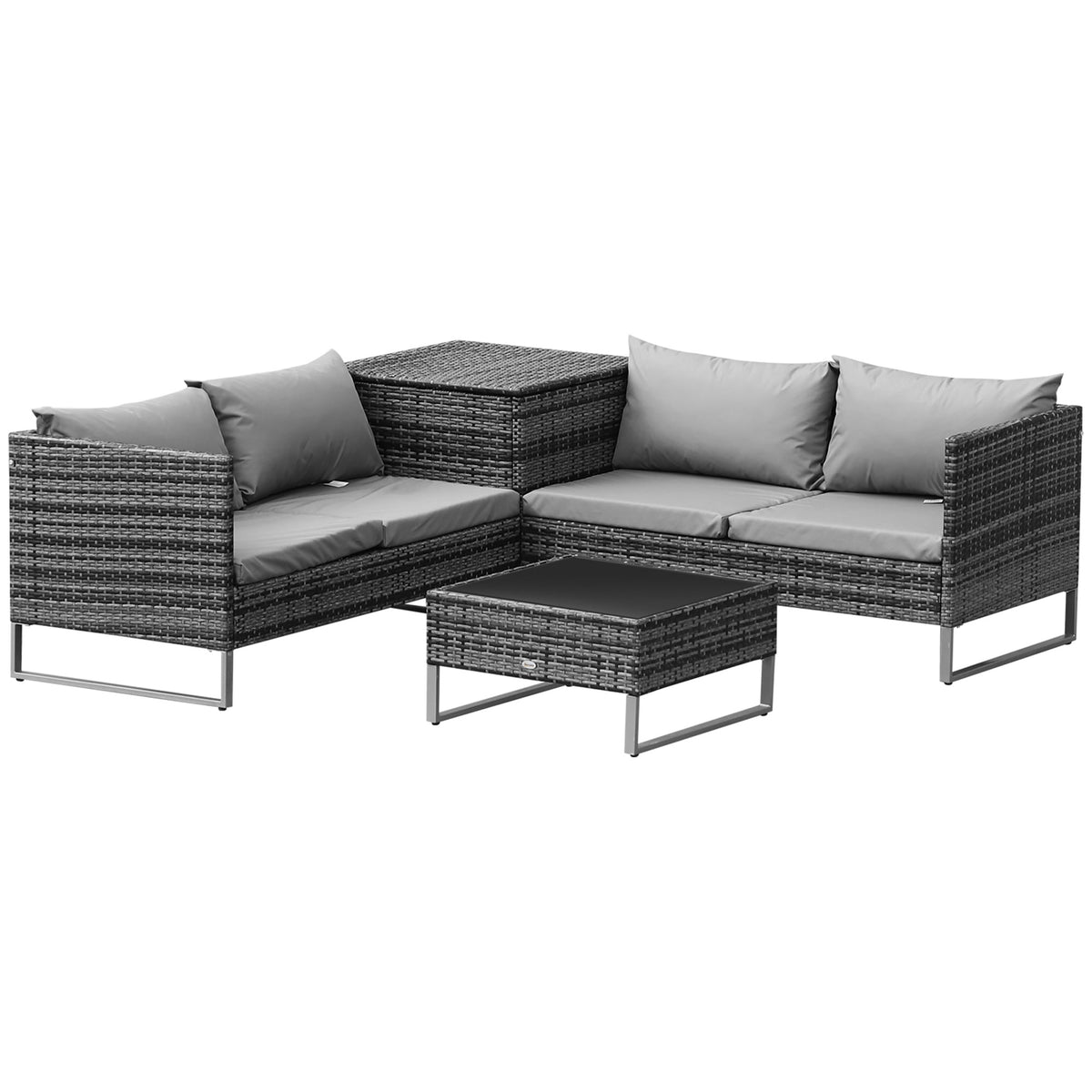 4-Piece Rattan Sofa Set with Corner Section and Glass Coffee Table, Mixed Grey