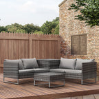 4-Piece Rattan Sofa Set with Corner Section and Glass Coffee Table, Mixed Grey