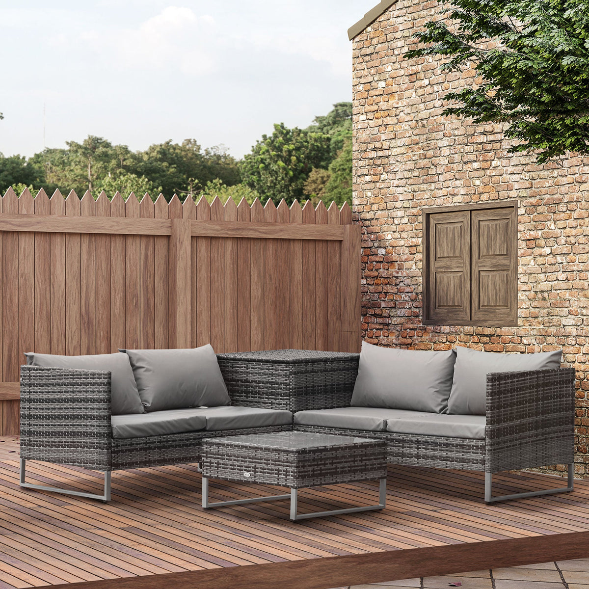 4-Piece Rattan Sofa Set with Corner Section and Glass Coffee Table, Mixed Grey
