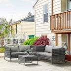 4-Piece Rattan Sofa Set with Corner Section and Glass Coffee Table, Mixed Grey