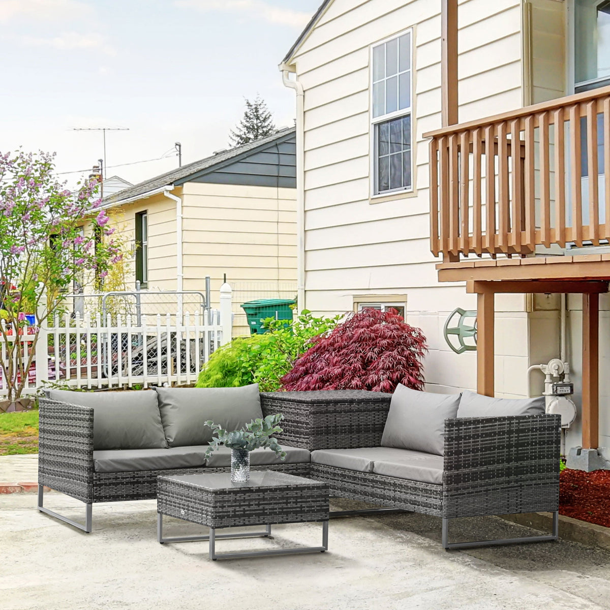 4-Piece Rattan Sofa Set with Corner Section and Glass Coffee Table, Mixed Grey